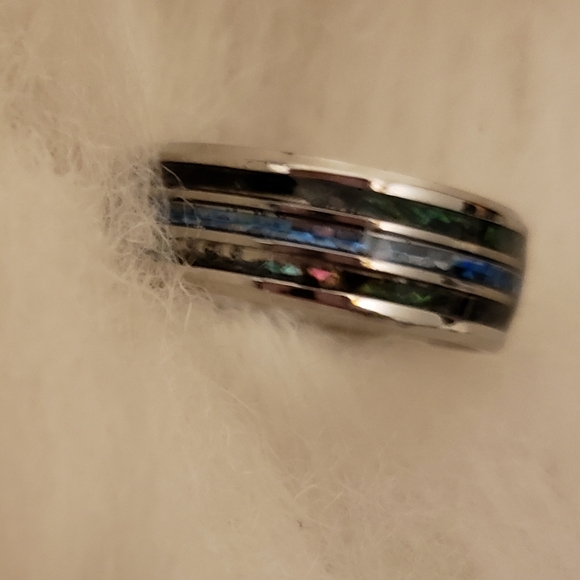 NEW Mens Tungsten Carbide inlaid Shells Blue Opal Statement Ring Gifts Unisex - Picture 7 of 16